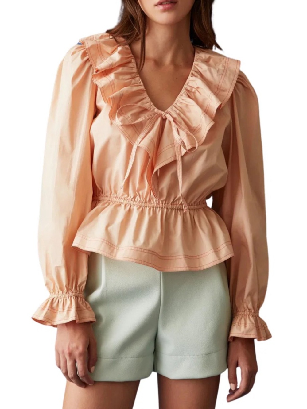 Marie Oliver Peach Ruffled V-Neck Peplum Blouse